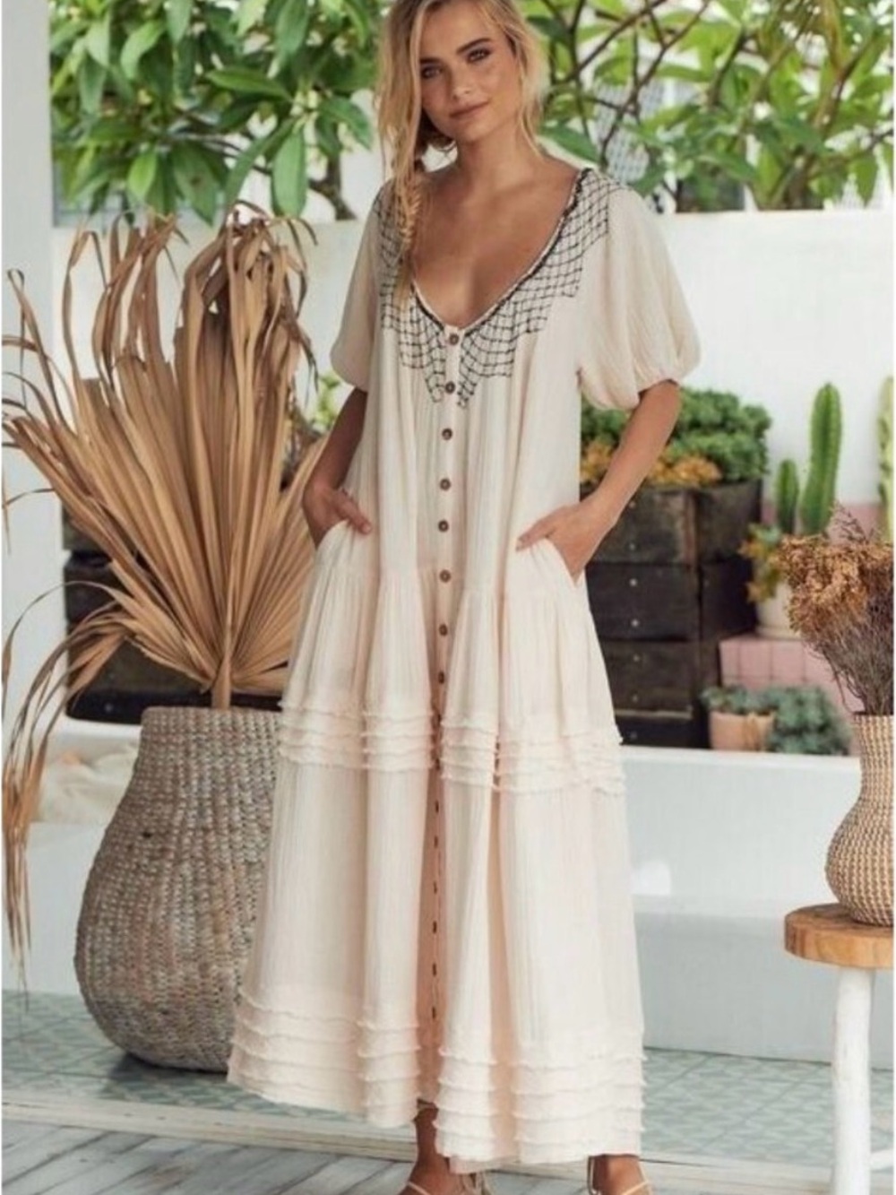 Free people Embroidered V-Neck Cream Maxi Dress with Front Buttons